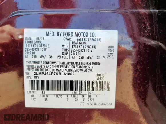 2019 Lincoln Nautilus Reserve with VIN 2LMPJ6LP7KBL61802, listed as a Copart auction lot 64099465 with 57,222 mi miles and Salvage title. Bid and sale history available at DreamBid. Image 13.