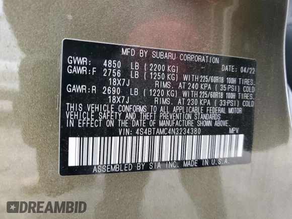 2022 Subaru Outback Limited z VIN 4S4BTAMC4N3234380, wystawiony jako Copart lot #46545785 z przebiegiem 27 491 mil mil oraz Szkoda całkowita • Salvage title. Historia ofert i sprzedaży dostępna na DreamBid. Obrazek 12.