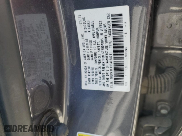 2015 Honda Accord Touring with VIN 1HGCR3F93FA038031, listed as a Copart auction lot 59813275 with 71,899 mi miles and Salvage title. Bid and sale history available at DreamBid. Image 12.