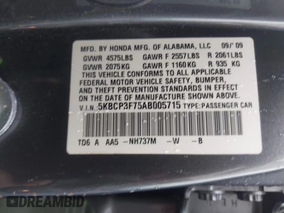 2010 Honda Accord EX z VIN 5KBCP3F75AB005715, wystawiony jako IAAI lot #41519505 z przebiegiem 112 287 mil mil oraz . Historia ofert i sprzedaży dostępna na DreamBid. Obrazek 9.