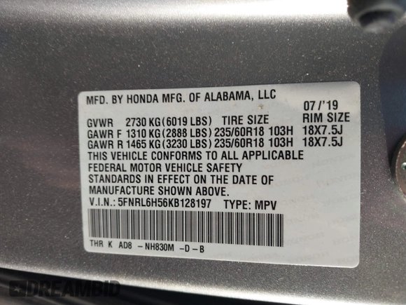 2019 Honda Odyssey EX with VIN 5FNRL6H56KB128197, listed as a IAAI auction lot 41057084 with 52,329 mi miles and . Bid and sale history available at DreamBid. Image 9.