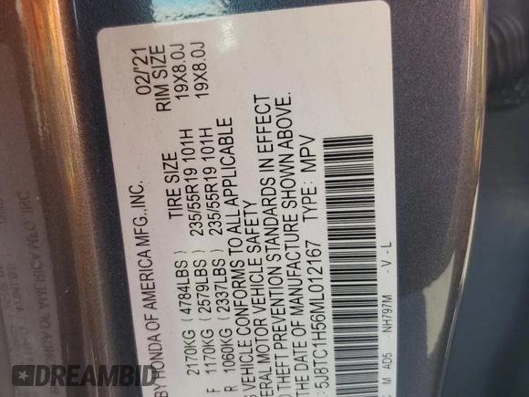 2021 Acura RDX Technology with VIN 5J8TC1H56ML012167, listed as a Copart auction lot 62325985 with 24,465 mi miles and Salvage title. Bid and sale history available at DreamBid. Image 13.