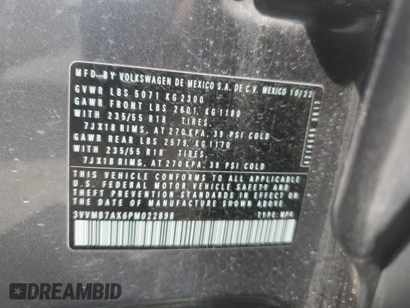 2023 Volkswagen Tiguan SE z VIN 3VVMB7AX6PM022898, wystawiony jako Copart lot #56828825 z przebiegiem 83 822 mil mil oraz Szkoda całkowita • Salvage title. Historia ofert i sprzedaży dostępna na DreamBid. Obrazek 13.