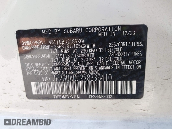 2024 Subaru Crosstrek Premium z VIN JF2GUADC2R8336410, wystawiony jako IAAI lot #42385768 z przebiegiem 22 126 mil mil oraz . Historia ofert i sprzedaży dostępna na DreamBid. Obrazek 9.