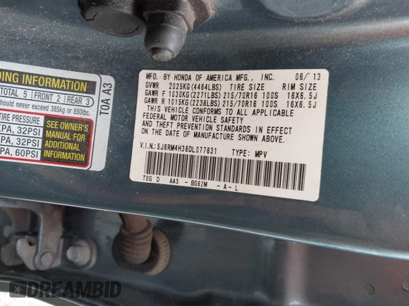 2013 Honda CR-V LX with VIN 5J6RM4H38DL077831, listed as a IAAI auction lot 41937886 with 183,190 mi miles and . Bid and sale history available at DreamBid. Image 9.