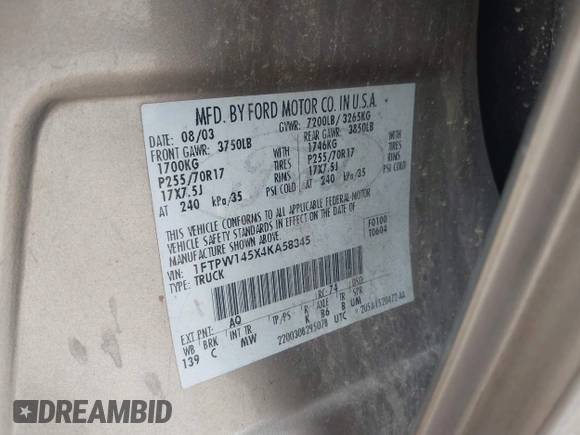2004 Ford F-150 XLT z VIN 1FTPW145X4KA58345, wystawiony jako IAAI lot #42522422 z przebiegiem Nie podano mil oraz . Historia ofert i sprzedaży dostępna na DreamBid. Obrazek 9.