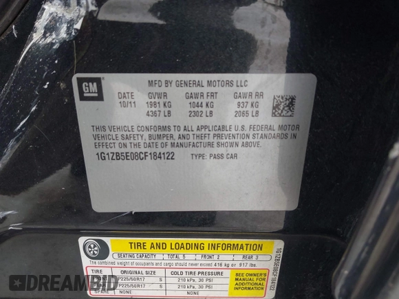 2012 Chevrolet Malibu 1LS with VIN 1G1ZB5E08CF184122, listed as a IAAI auction lot 41347198 with 175,492 mi miles and . Bid and sale history available at DreamBid. Image 9.