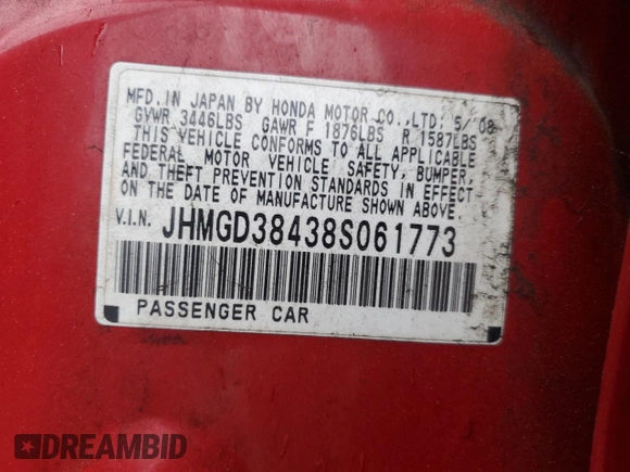 2008 Honda Fit с VIN JHMGD38438S061773, выставлен на аукционе Copart как лот 57973005 с пробегом 176 014 миль миль и Списание • Salvage title. История ставок и продаж доступна на DreamBid. Изображение 13.