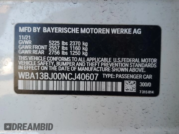 2022 BMW 5 Series 530i xDrive z VIN WBA13BJ00NCJ40607, wystawiony jako Copart lot #54605845 z przebiegiem 27 920 mil mil oraz Szkoda całkowita • Salvage title. Historia ofert i sprzedaży dostępna na DreamBid. Obrazek 12.