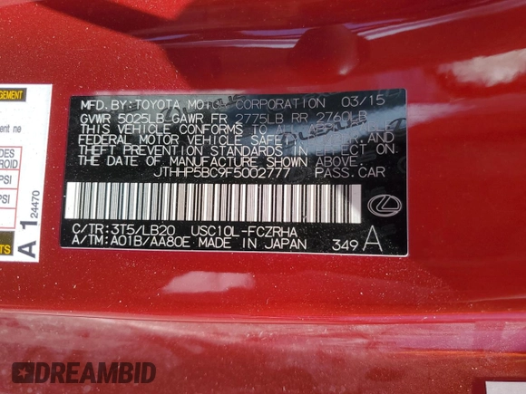 2015 Lexus RC F with VIN JTHHP5BC9F5002777, listed as a Copart auction lot 58022575 with 98,235 mi miles and Salvage title. Bid and sale history available at DreamBid. Image 12.