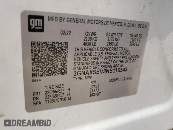 2022 Chevrolet Equinox LS z VIN 3GNAXSEV3NS116543, wystawiony jako Copart lot #51323205 z przebiegiem 59 389 mil mil oraz Szkoda całkowita • Salvage title. Historia ofert i sprzedaży dostępna na DreamBid. Obrazek 14.