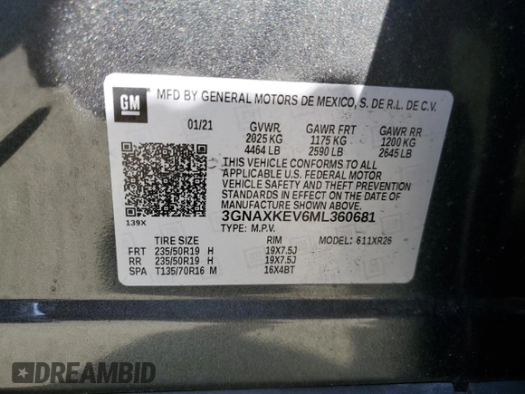 2021 Chevrolet Equinox LT z VIN 3GNAXKEV6ML360681, wystawiony jako Copart lot #56194385 z przebiegiem 63 042 mil mil oraz Szkoda całkowita • Salvage title. Historia ofert i sprzedaży dostępna na DreamBid. Obrazek 13.