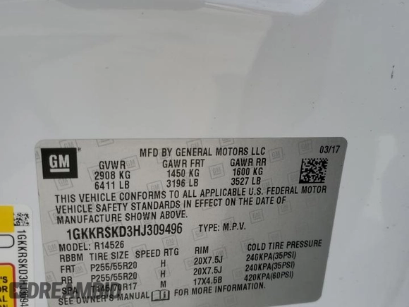 2017 GMC Acadia Limited with VIN 1GKKRSKD3HJ309496, listed as a Copart auction lot 56496295 with 81,483 mi miles and Salvage title. Bid and sale history available at DreamBid. Image 14.