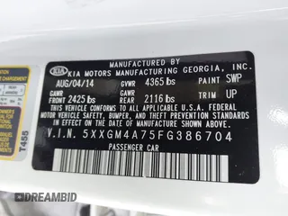2015 Kia Optima LX with VIN 5XXGM4A75FG386704, listed as a IAAI auction lot 41344996 with 266,993 mi miles and . Bid and sale history available at DreamBid. Image 9.