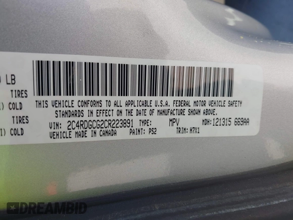 2012 Dodge Grand Caravan SXT with VIN 2C4RDGCG2CR223891, listed as a IAAI auction lot 42189650 with 119,669 mi miles and . Bid and sale history available at DreamBid. Image 9.
