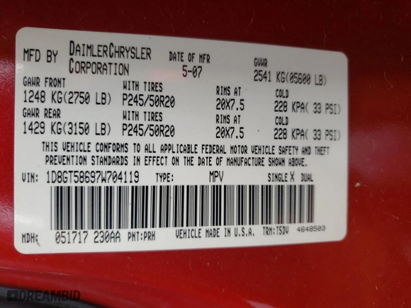 2007 Dodge Nitro R/T with VIN 1D8GT58697W704119, listed as a Copart auction lot 49498075 with 258,399 mi miles and Salvage Title. Bid and sale history available at carsss.com. Image 13.
