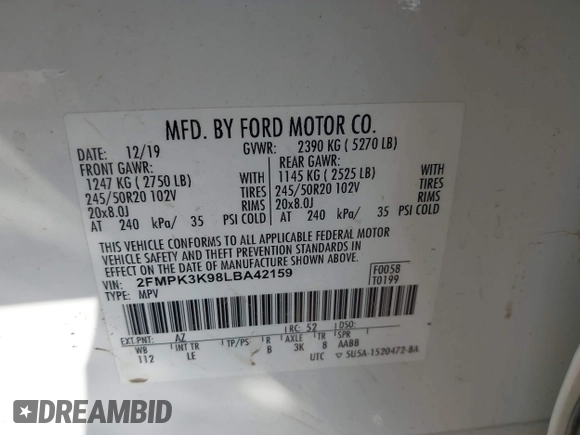 2020 Ford Edge Titanium z VIN 2FMPK3K98LBA42159, wystawiony jako IAAI lot #42358229 z przebiegiem 88 512 mil mil oraz . Historia ofert i sprzedaży dostępna na DreamBid. Obrazek 9.