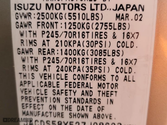 2002 Isuzu Trooper S with VIN JACDS58X527J08603, listed as a Copart auction lot 63357674 with 218,282 mi miles and Salvage Title. Bid and sale history available at carsss.com. Image 13.