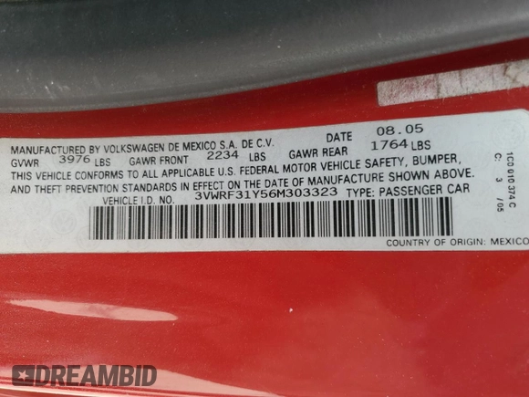 2006 Volkswagen Beetle z VIN 3VWRF31Y56M303323, wystawiony jako Copart lot #57955075 z przebiegiem 87 996 mil mil oraz Szkoda całkowita • Salvage title. Historia ofert i sprzedaży dostępna na DreamBid. Obrazek 13.