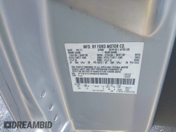 2011 Ford F-150 XL with VIN 1FTEX1CM5BKE08099, listed as a IAAI auction lot 42502519 with 209,489 mi miles and . Bid and sale history available at DreamBid. Image 9.