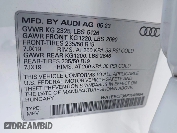 2023 Audi Q3 S line Premium Plus with VIN WA1EECF36P1140594, listed as a IAAI auction lot 41283650 with 14,793 mi miles and . Bid and sale history available at DreamBid. Image 9.