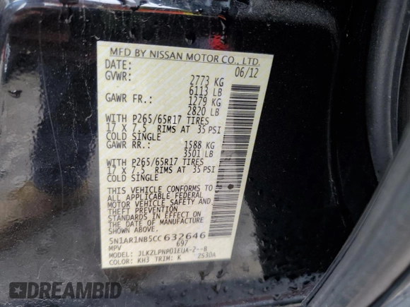 2012 Nissan Pathfinder LE z VIN 5N1AR1NB5CC632646, wystawiony jako Copart lot #51058235 z przebiegiem 157 147 mil mil oraz Szkoda całkowita • Salvage title. Historia ofert i sprzedaży dostępna na DreamBid. Obrazek 13.