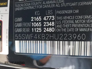 2017 Mercedes-Benz C 300 with VIN 55SWF4KB2HU223960, listed as a IAAI auction lot 42297903 with 71,783 mi miles and . Bid and sale history available at DreamBid. Image 9.