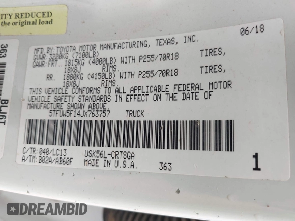 2018 Toyota Tundra SR with VIN 5TFUW5F14JX763757, listed as a IAAI auction lot 42585029 with Not provided miles and . Bid and sale history available at DreamBid. Image 9.