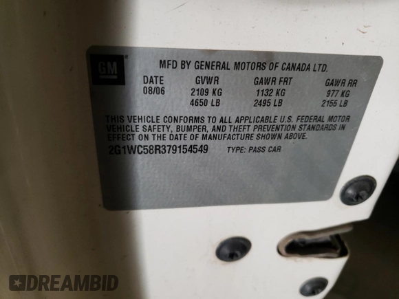 2007 Chevrolet Impala LT with VIN 2G1WC58R379154549, listed as a Copart auction lot 48156765 with 278,373 mi miles and Salvage Title. Bid and sale history available at DreamBid. Image 12.