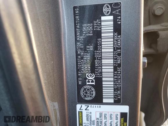 2006 Toyota Matrix STD with VIN 2T1KR32E76C620156, listed as a Copart auction lot 69892614 with 236,522 mi miles and Salvage Title. Bid and sale history available at DreamBid. Image 12.