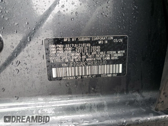 2024 Subaru Impreza с VIN JF1GUABC9R8361070, выставлен на аукционе Copart как лот 56525765 с пробегом 17 804 миль миль и Списание • Salvage title. История ставок и продаж доступна на DreamBid. Изображение 12.