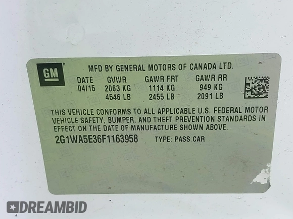2015 Chevrolet Impala LS with VIN 2G1WA5E36F1163958, listed as a IAAI auction lot 42322814 with 154,683 mi miles and . Bid and sale history available at DreamBid. Image 9.