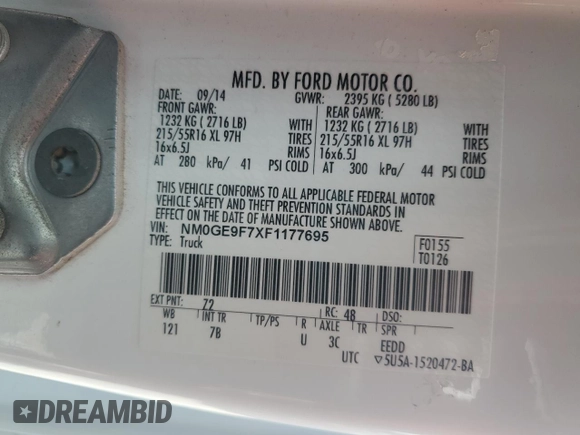 2015 Ford Transit Connect XLT with VIN NM0GE9F7XF1177695, listed as a Copart auction lot 57456015 with 84,497 mi miles and Salvage title. Bid and sale history available at DreamBid. Image 13.