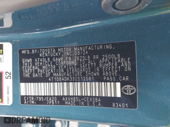 2025 Toyota Camry LE z VIN 4T1DBADK3SU512081, wystawiony jako IAAI lot #41762607 z przebiegiem 6 112 mil mil oraz . Historia ofert i sprzedaży dostępna na DreamBid. Obrazek 9.