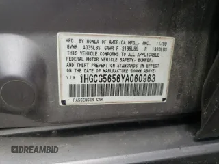 2000 Honda Accord EX z VIN 1HGCG5656YA060963, wystawiony jako Copart lot #54715235 z przebiegiem 266 918 mil mil oraz Szkoda całkowita • Salvage title. Historia ofert i sprzedaży dostępna na DreamBid. Obrazek 12.