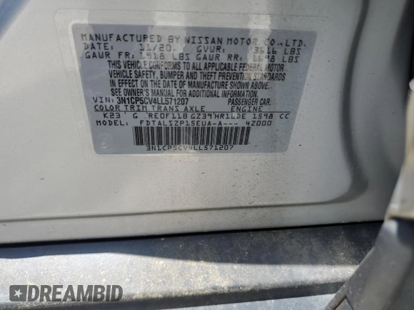 2020 Nissan Kicks SV with VIN 3N1CP5CV4LL571207, listed as a Copart auction lot 54150265 with 24,361 mi miles and Salvage title. Bid and sale history available at DreamBid. Image 13.