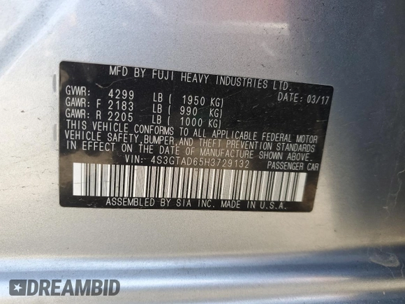 2017 Subaru Impreza Premium with VIN 4S3GTAD65H3729132, listed as a Copart auction lot 54177255 with 95,941 mi miles and Salvage title. Bid and sale history available at DreamBid. Image 13.