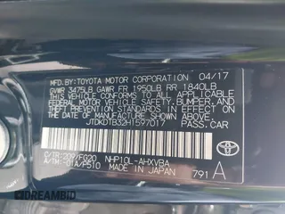 2017 Toyota Prius One with VIN JTDKDTB32H1597017, listed as a IAAI auction lot 42030182 with 56,461 mi miles and . Bid and sale history available at carsss.com. Image 9.