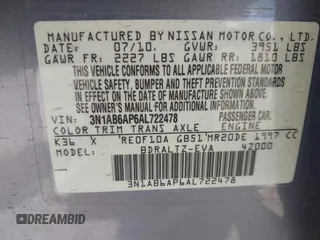 2010 Nissan Sentra SR with VIN 3N1AB6AP6AL722478, listed as a IAAI auction lot 42228586 with 189,913 mi miles and . Bid and sale history available at DreamBid. Image 9.