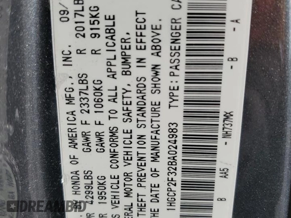2011 Honda Accord LX z VIN 1HGCP2F32BA024983, wystawiony jako Copart lot #57940145 z przebiegiem 152 832 mil mil oraz Nie do naprawy • Non repairable. Historia ofert i sprzedaży dostępna na DreamBid. Obrazek 12.