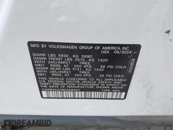 2024 Volkswagen Atlas SEL Premium R-Line with VIN 1V2FR2CA7RC598307, listed as a IAAI auction lot 42326908 with 16,792 mi miles and . Bid and sale history available at DreamBid. Image 9.