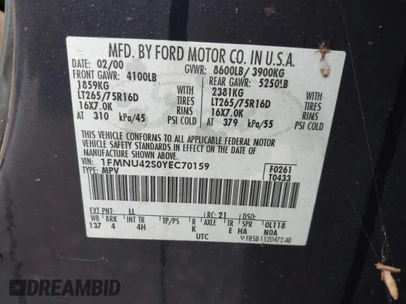 2000 Ford Excursion Limited z VIN 1FMNU42S0YEC70159, wystawiony jako IAAI lot #40918396 z przebiegiem 168 564 mil mil oraz . Historia ofert i sprzedaży dostępna na DreamBid. Obrazek 9.