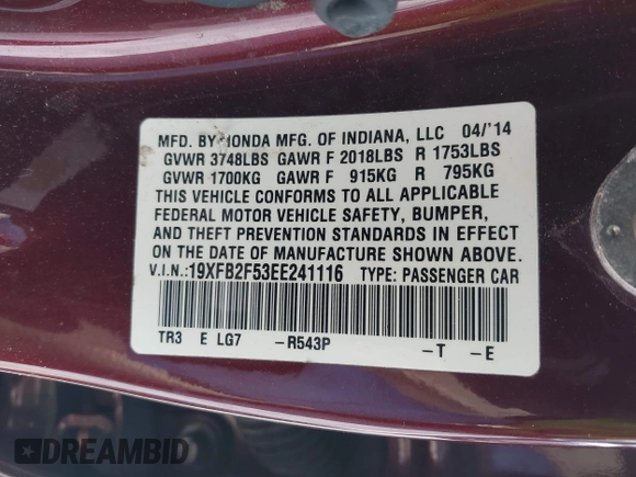 2014 Honda Civic LX with VIN 19XFB2F53EE241116, listed as a IAAI auction lot 42058308 with 204,734 mi miles and . Bid and sale history available at DreamBid. Image 9.