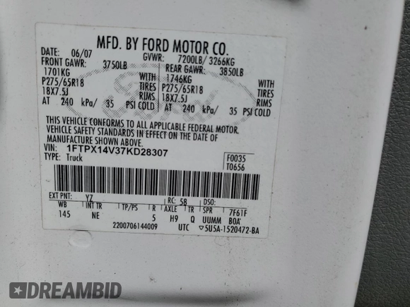 2007 Ford F-150 XLT with VIN 1FTPX14V37KD28307, listed as a Copart auction lot 65471215 with 193,221 mi miles and Clean title. Bid and sale history available at DreamBid. Image 12.