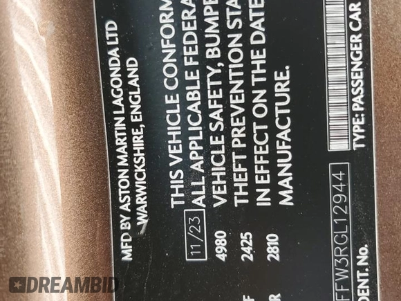 2024 Aston Martin DB12 z VIN SCFRMFFW3RGL12944, wystawiony jako Copart lot #61053374 z przebiegiem 472 mil mil oraz Szkoda całkowita • Salvage title. Historia ofert i sprzedaży dostępna na DreamBid. Obrazek 14.
