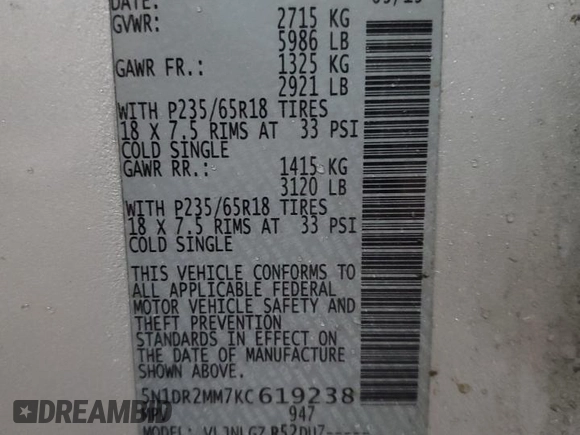 2019 Nissan Pathfinder SV with VIN 5N1DR2MM7KC619238, listed as a Copart auction lot 46603615 with 112,243 mi miles and Salvage Title. Bid and sale history available at carsss.com. Image 13.
