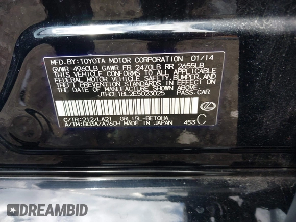 2014 Lexus GS 350 with VIN JTHCE1BL2E5023025, listed as a IAAI auction lot 41995313 with 125,259 mi miles and . Bid and sale history available at DreamBid. Image 9.