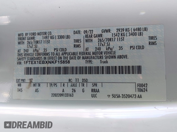 2022 Ford F-150 XL z VIN 1FTEX1EBXNKF15858, wystawiony jako IAAI lot #41478000 z przebiegiem 14 447 mil mil oraz . Historia ofert i sprzedaży dostępna na DreamBid. Obrazek 9.