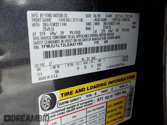 2020 Ford Expedition Platinum with VIN 1FMJU1LT2LEA61180, listed as a Copart auction lot 56581695 with 62,879 mi miles and Salvage title. Bid and sale history available at DreamBid. Image 14.