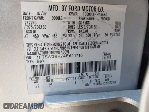 2010 Ford F-350 with VIN 1FTSW3BR7AEA11716, listed as a IAAI auction lot 42029284 with 142,586 mi miles and . Bid and sale history available at DreamBid. Image 9.